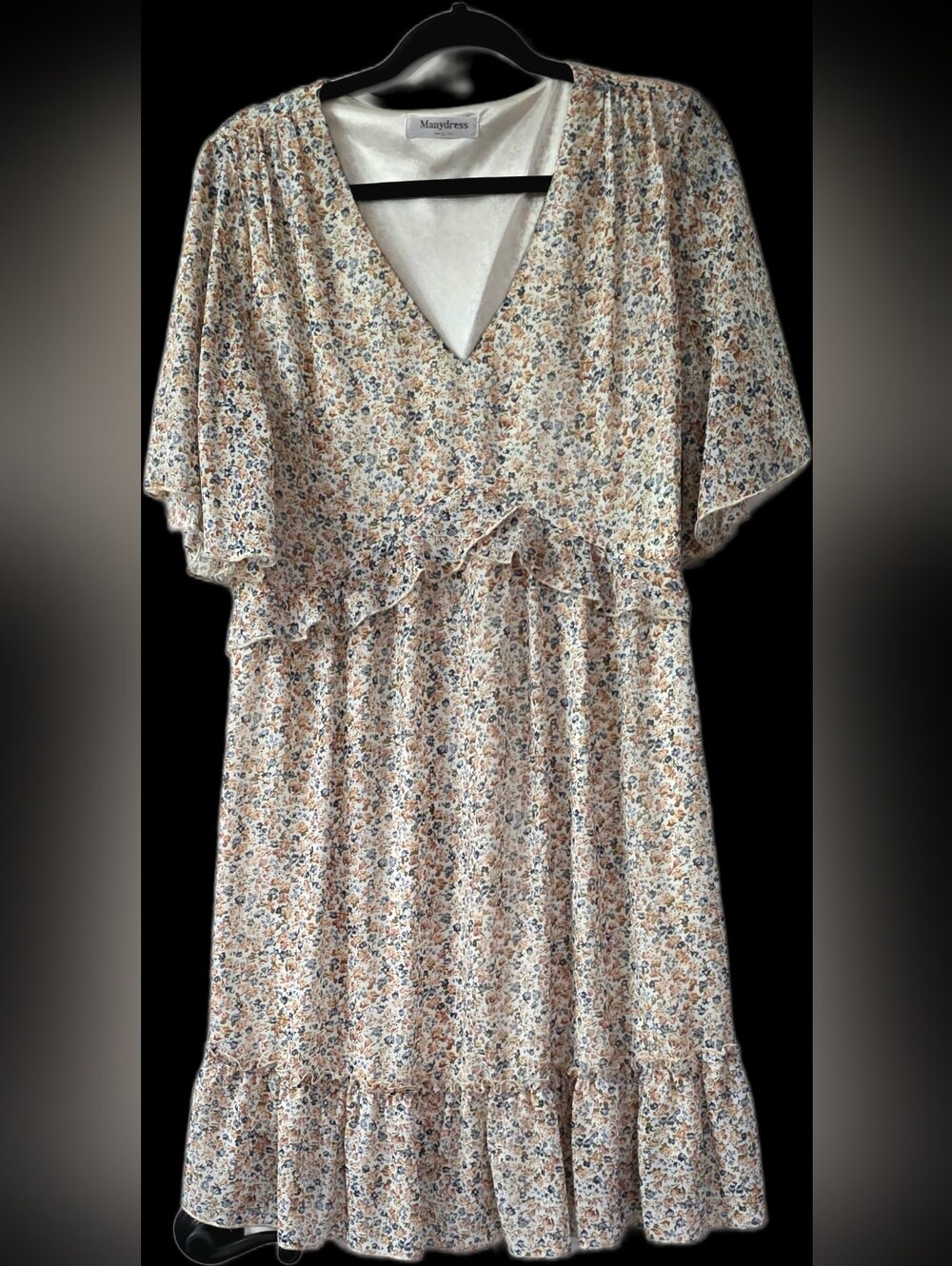 Chiffon Floral Boho Mini Summer V-Neck Midi Dress in Cream and Blue Size L